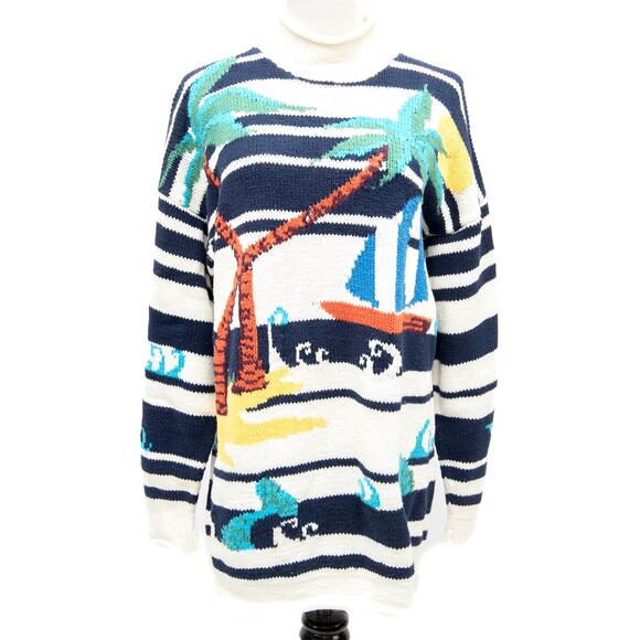 Vintage Harold's White & Blue Striped Palm Tree Sailboat Sweater Size Large - Picture 1 of 12